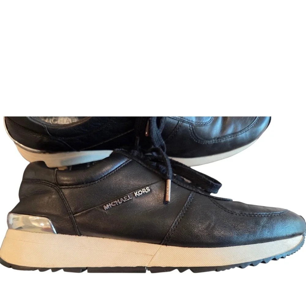 Michael Kors Allie Leather Sneakers Lace Up Black Silver Designer Casual 9M